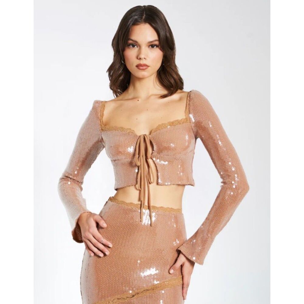 NEW Brown Sequined Sz Large Lace Up Front Long Sleeve Party Shrug Cropped Jacket